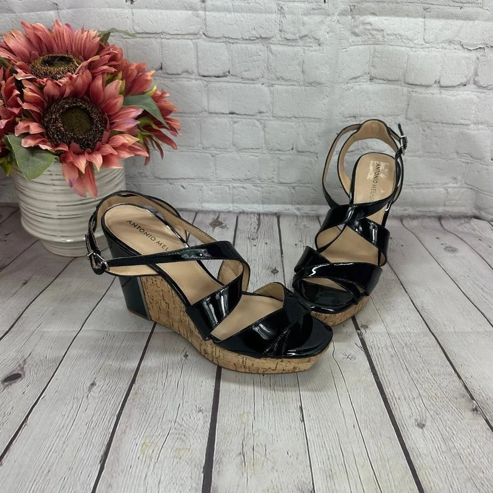 antonio melani SYDNIEE wedge sandals black patent cork look heel size 8.5